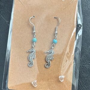 Artisan Silver Seahorse Earrings with Turquoise Beads